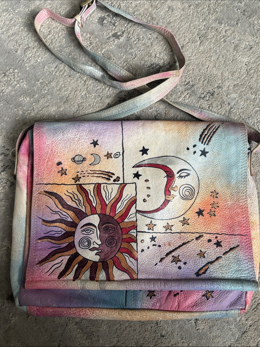 80-90s VTG Pastel Sun & Moon Hand-Painted leather Crossbody Bag - Multicolor